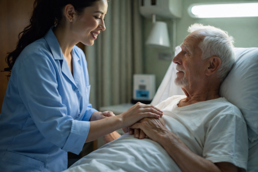 Pflegekraft hält die Hand eines älteren Patienten im Krankenhausbett.