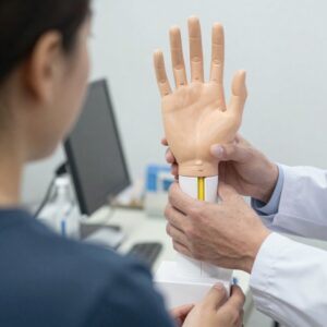 Arzt erklärt anhand eines Handmodells die Anatomie des Karpaltunnels bei wiederkehrenden Beschwerden nach Karpaltunnel-OP.