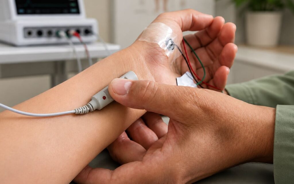 Karpaltunnelsyndrom Schweregrad – Detailansicht einer NLG-Messung, Arm der Patientin an Elektroden angeschlossen, im Hintergrund ein Monitor